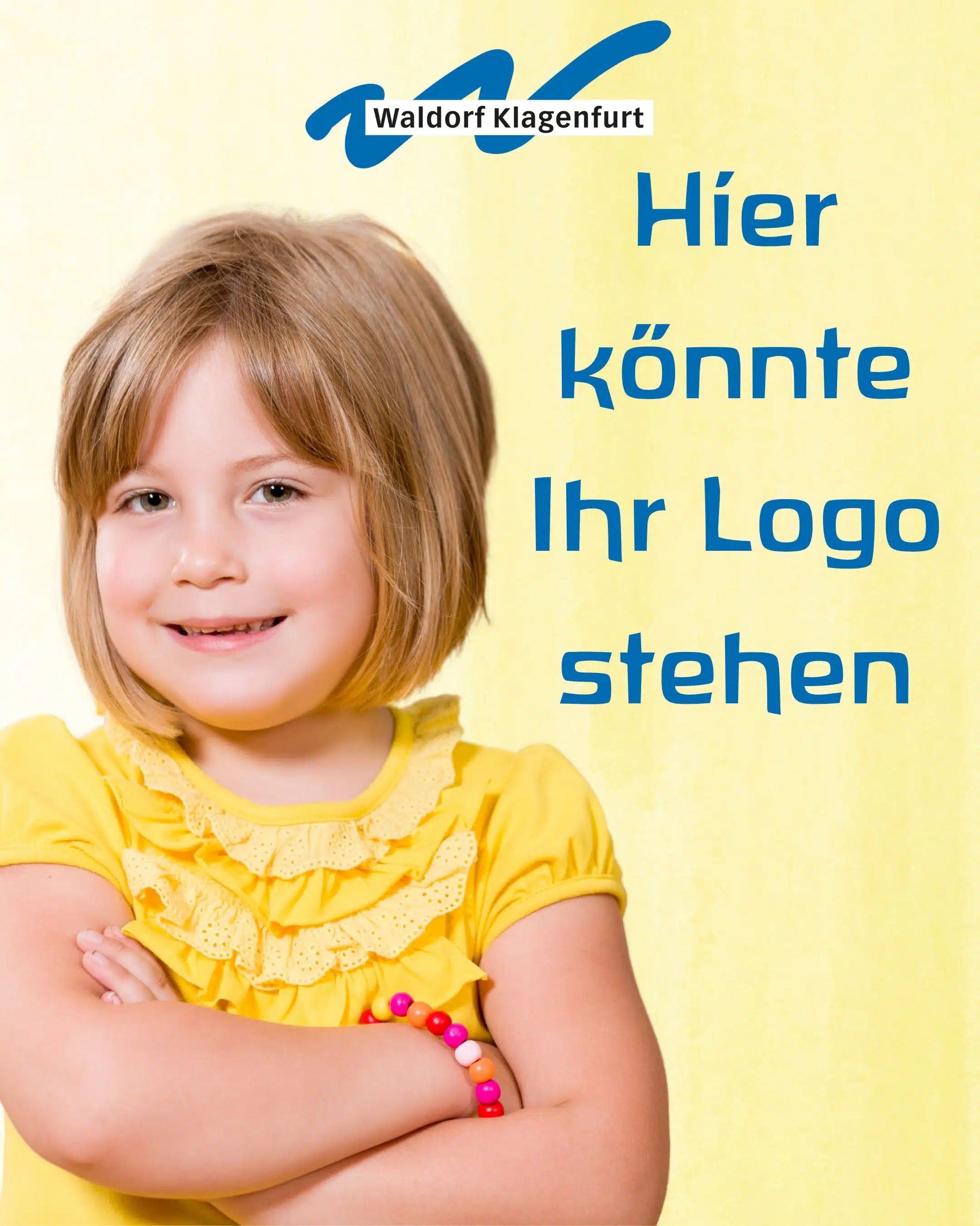 Bild eines M&auml;dchens mit verschr&auml;nkten Armen. Dar&uuml;ber das Logo der Waldorfschule. Daneben Text: Hier k&ouml;nnte Ihr Logo stehen